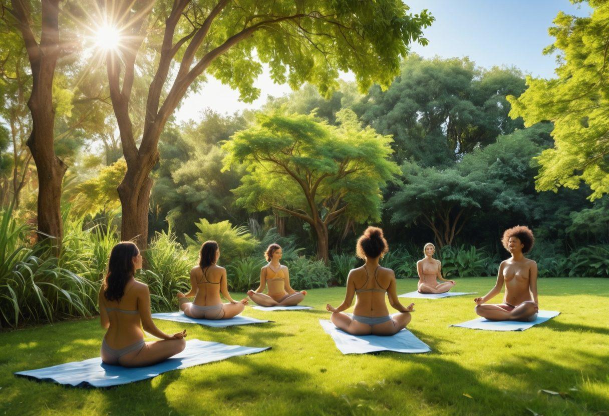 A serene, sunlit outdoor scene showcasing diverse individuals of various body types enjoying nature in a lush garden, confidently embracing their nudist lifestyle. The background features trees and a clear blue sky, with some people practicing yoga and others lounging on soft grass, exuding joy and comfort in their skin. Vibrant colors. 3D.