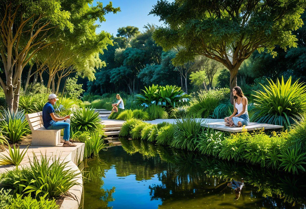 A serene landscape featuring diverse people enjoying nature in harmony, practicing naturism in a tasteful manner. Lush green surroundings, sunlit clear skies, and tranquil water bodies should create a welcoming atmosphere. Elements like artistic sculptures, organic textures, and vibrant flora enhance the aesthetic appeal. Emphasize freedom, joy, and unity with nature. super-realistic. vibrant colors. idyllic setting.